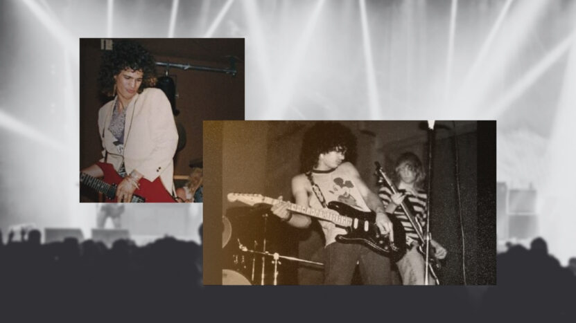 Image Shows a Younger Slash Performing with His Early Bands, Road Crew and Tidus Sloan, Highlighted in Two Side-By-Side Photos Where He Plays Guitar on Stage